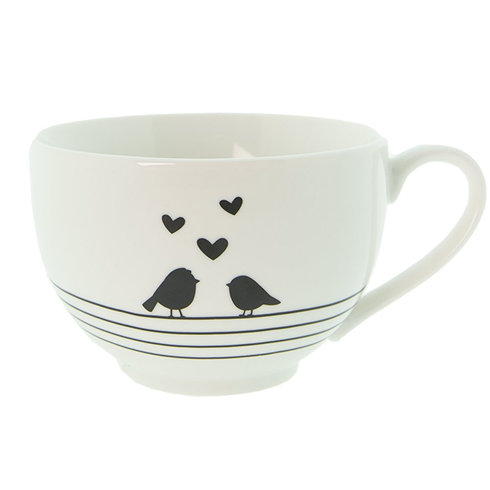 Kop en Schotel 220 ml Wit Zwart Porselein Harten Vogels Servies