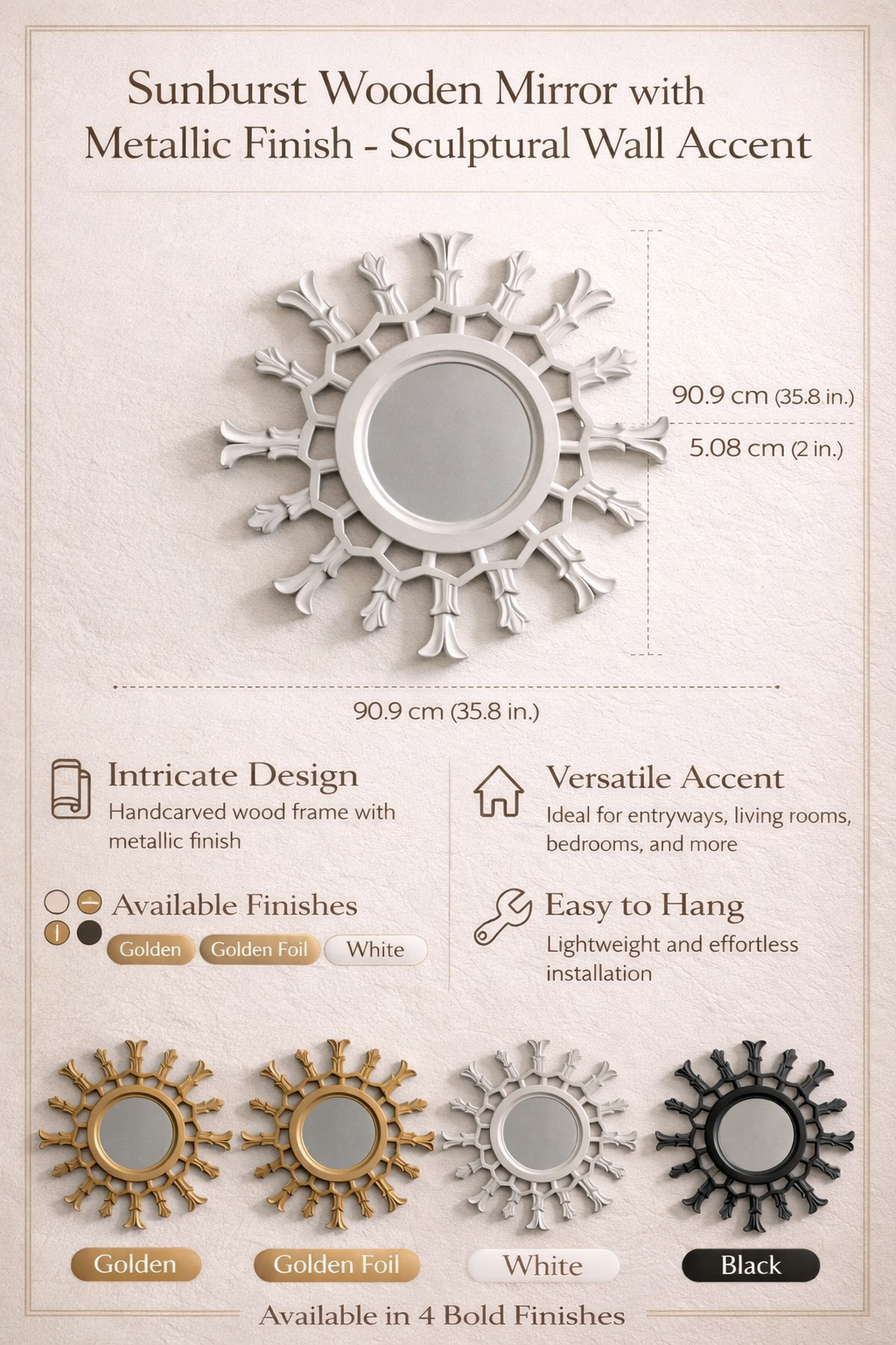 Sunburst houten spiegel met metallic afwerking – sculpturaal wandaccent