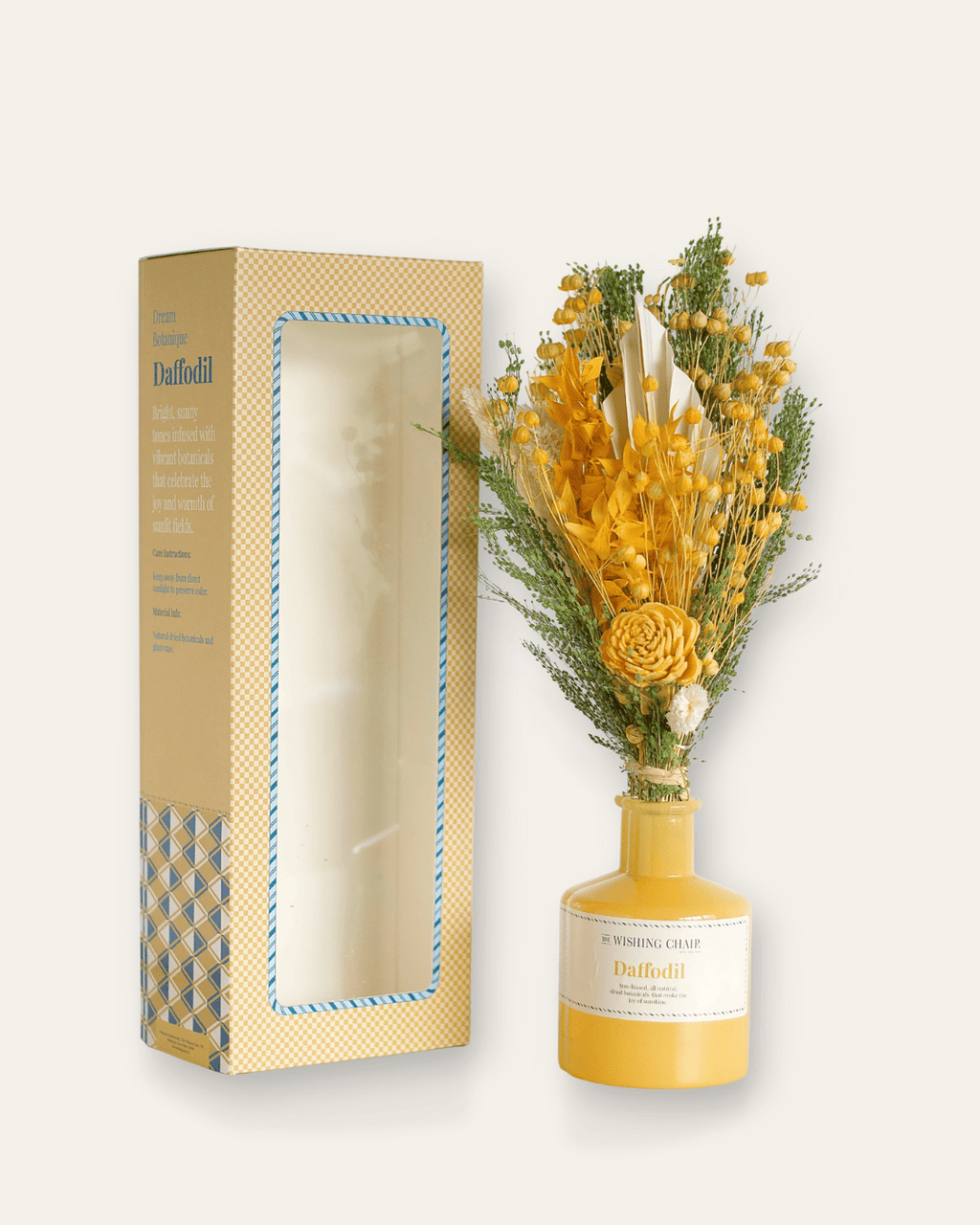 Glazen vaas met gedroogde narcisbloemen - 28 cm hoog