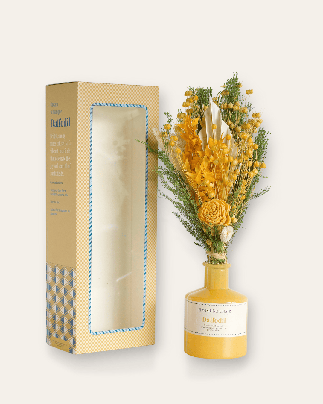 Glazen vaas met gedroogde narcisbloemen - 28 cm hoog