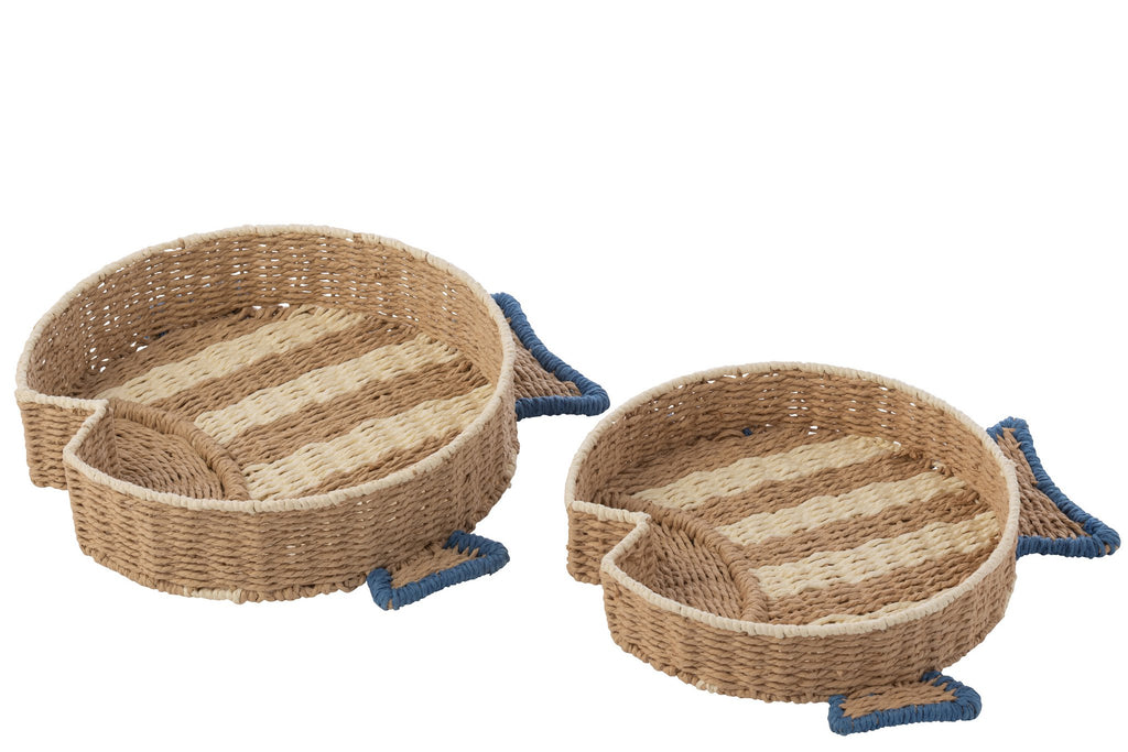 J-Line plateau Vis Gestreept - papier - naturel/blauw - set van 2