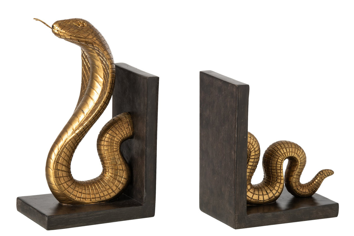 J-Line Boekensteunen slang - polyresin - goud/zwart - set van 2