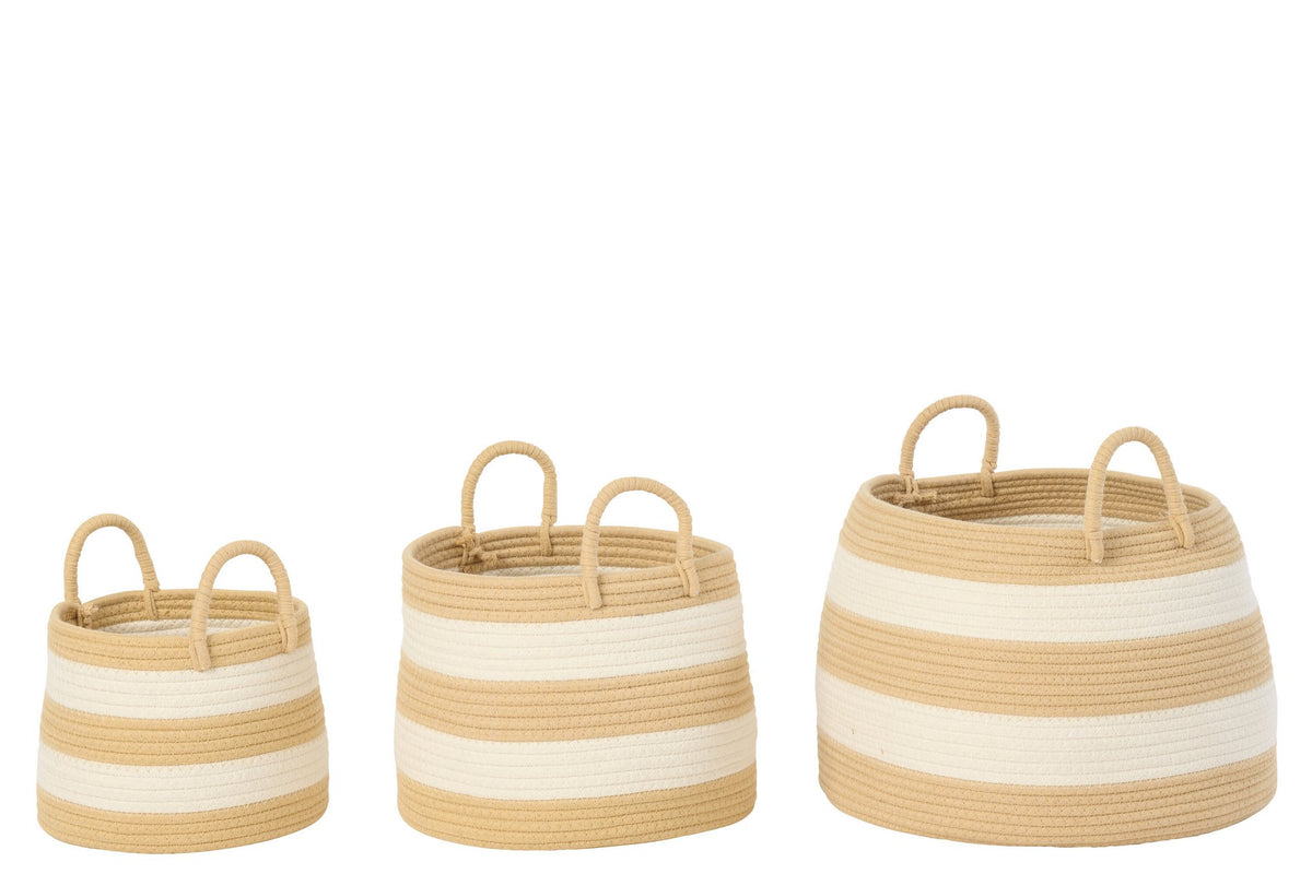 J-Line mand met handvat Rond - polyester - naturel/wit - set van 3