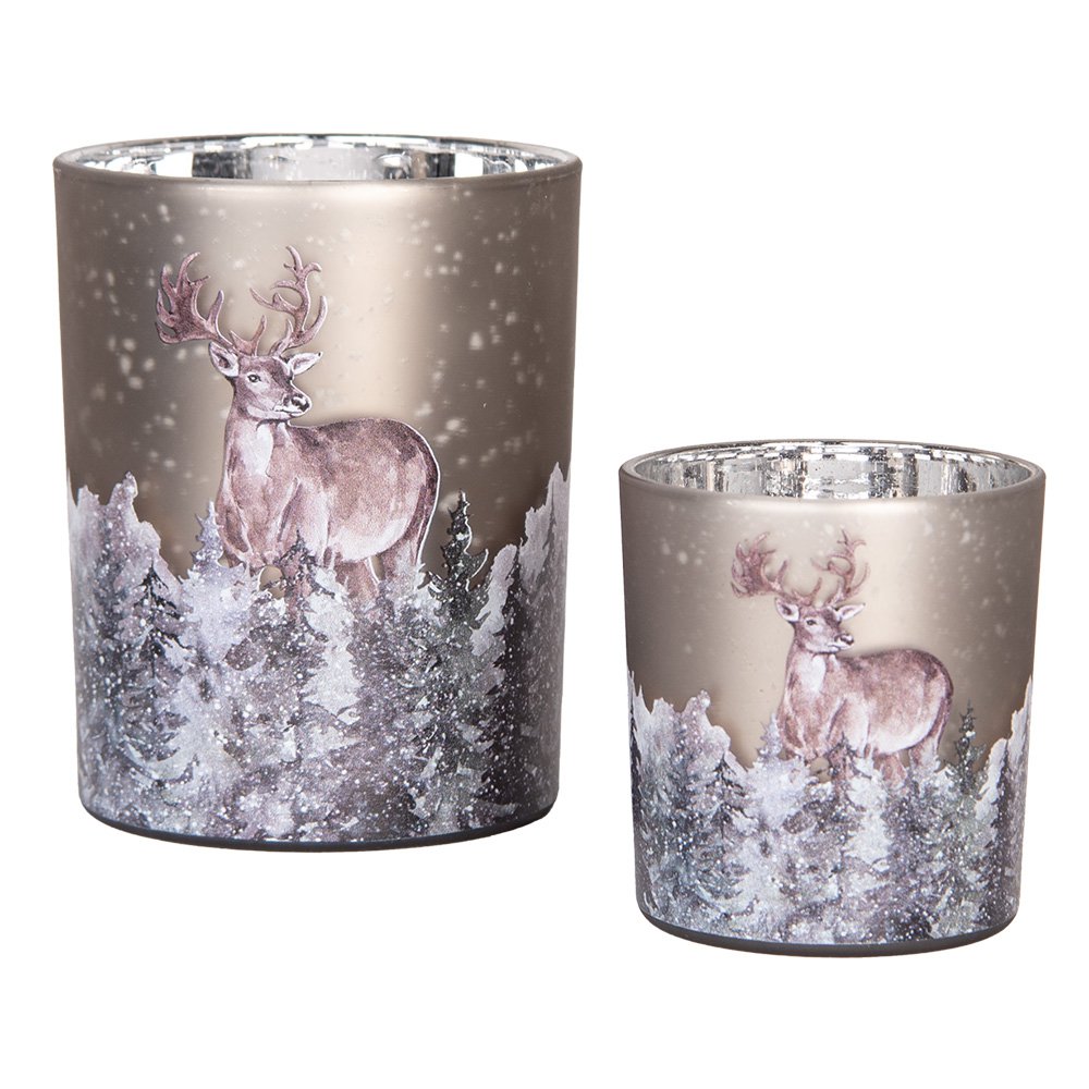 Theelichthouder Set van 2 Ø 7x8 / 10x13 cm Grijs Glas Hert