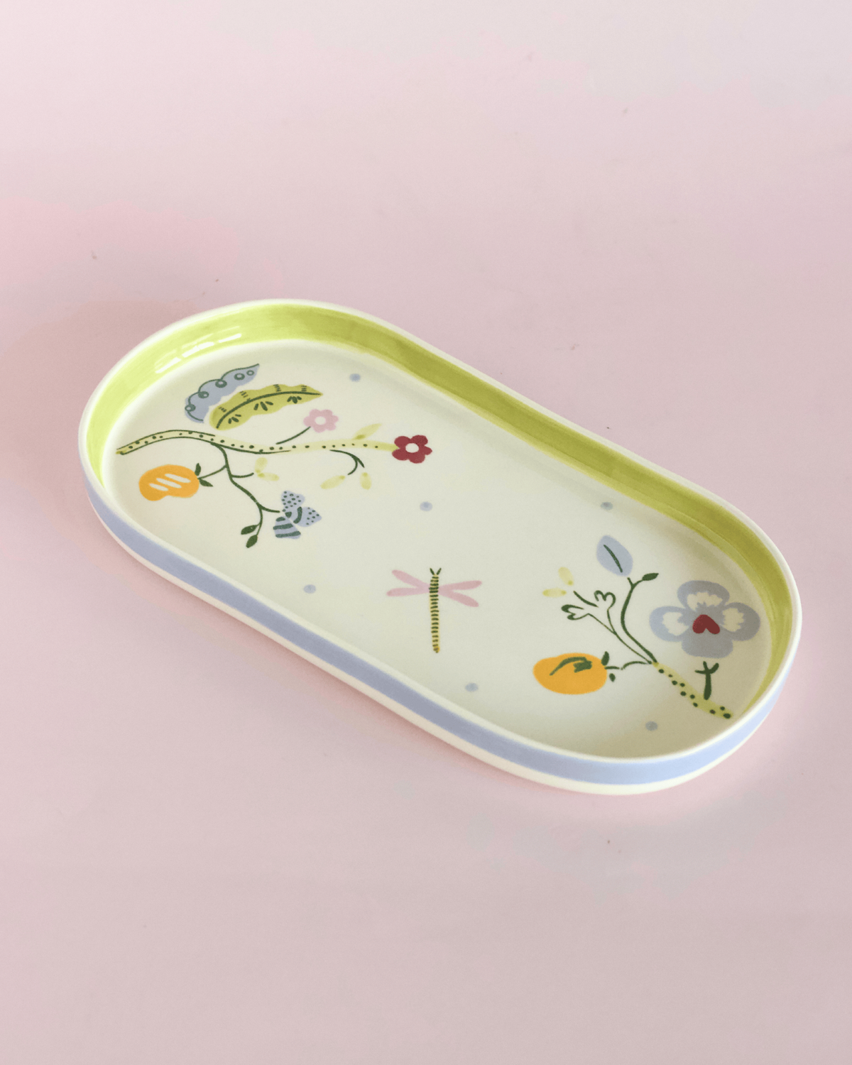 Handbeschilderd keramisch ovaal serveerbord - met notenkom, bloemen, 24,5x12cm