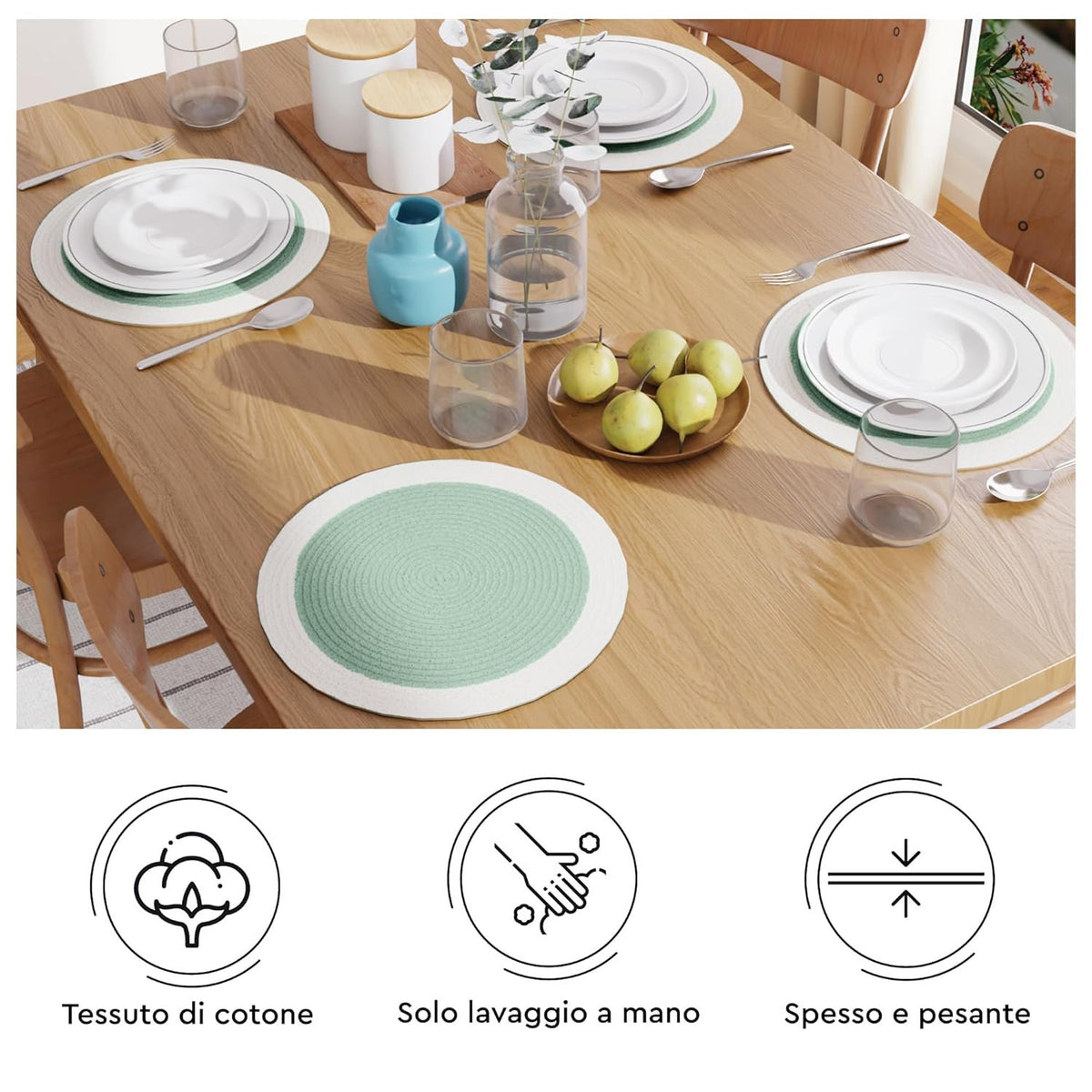 Eettafelplacemats – geribbeld katoen, salie/gebroken wit – 32 cm rond, set van 4