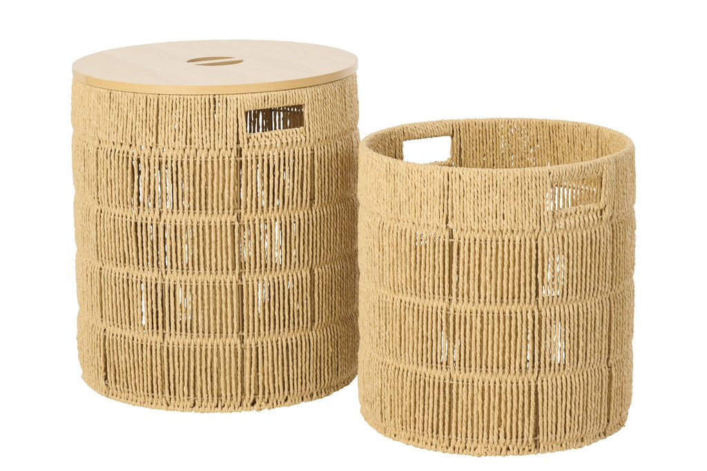 J-Line mand + deksel Rond - ijzer/papier - naturel - set van 2