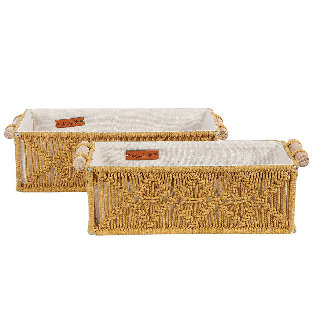 Mosterd handgemaakte decoratieve mand van katoen – set van 2 stuks