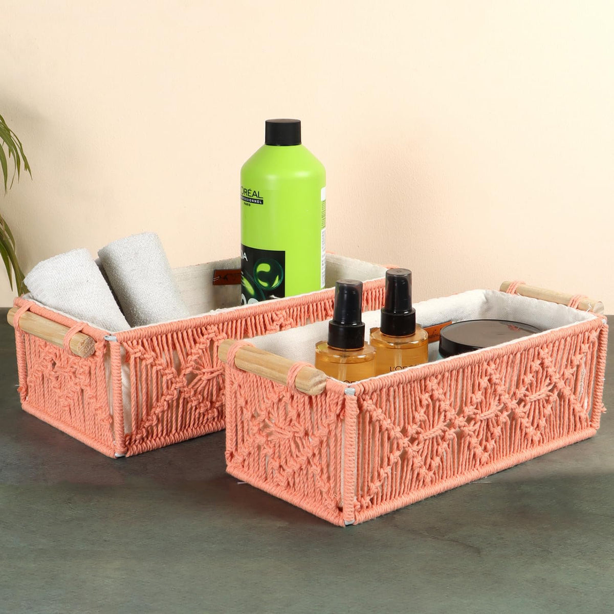 Rose handgeweven katoenen opbergmandenset – set van 2 stuks