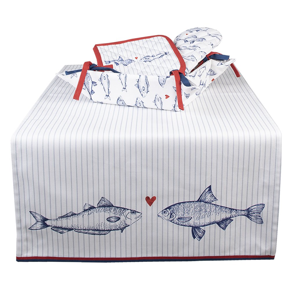 Broodmand 35x35x8 cm Wit Blauw Katoen Vissen Broodmandje