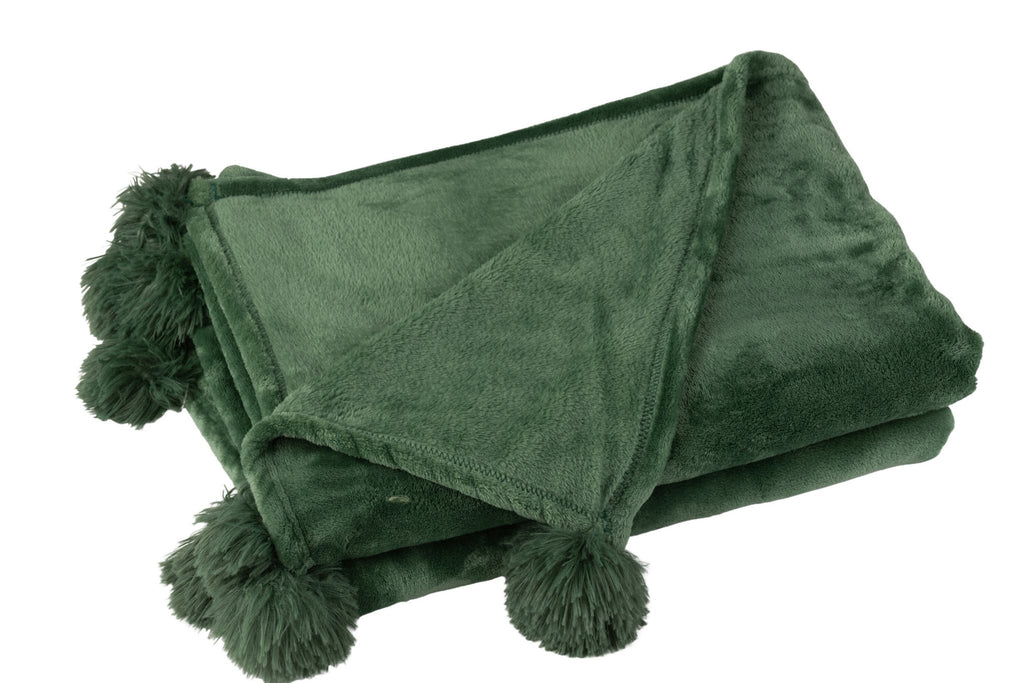 J-Line Plaid Pompom - polyester - donkergroen - 170 x 130 cm