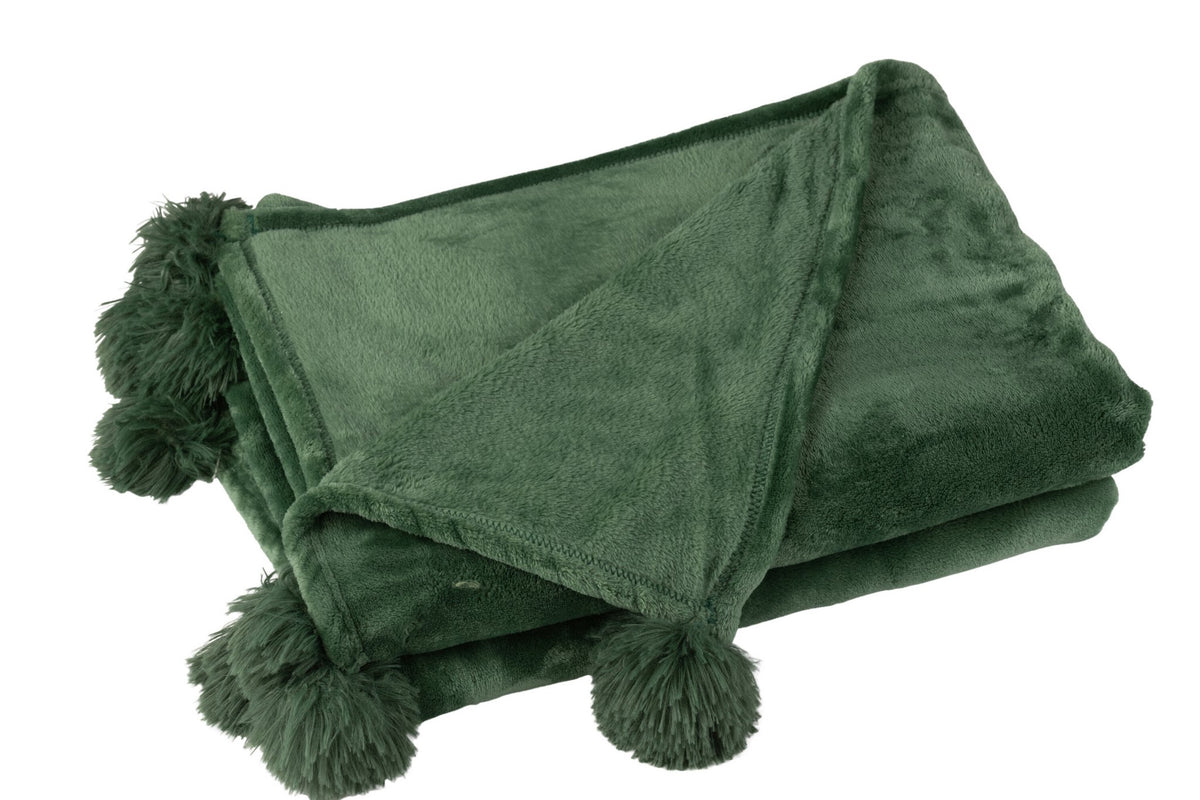 J-Line Plaid Pompom - polyester - donkergroen - 170 x 130 cm