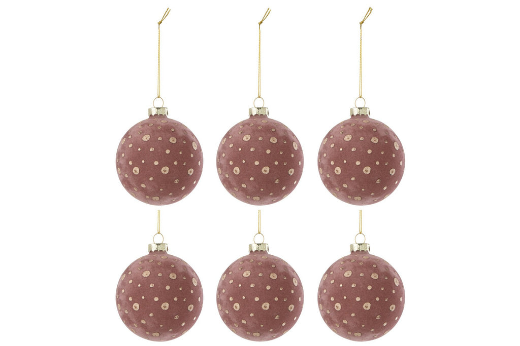 J-Line kerstbal Stippen - fluweel - lichtroze/goud - doos van 6