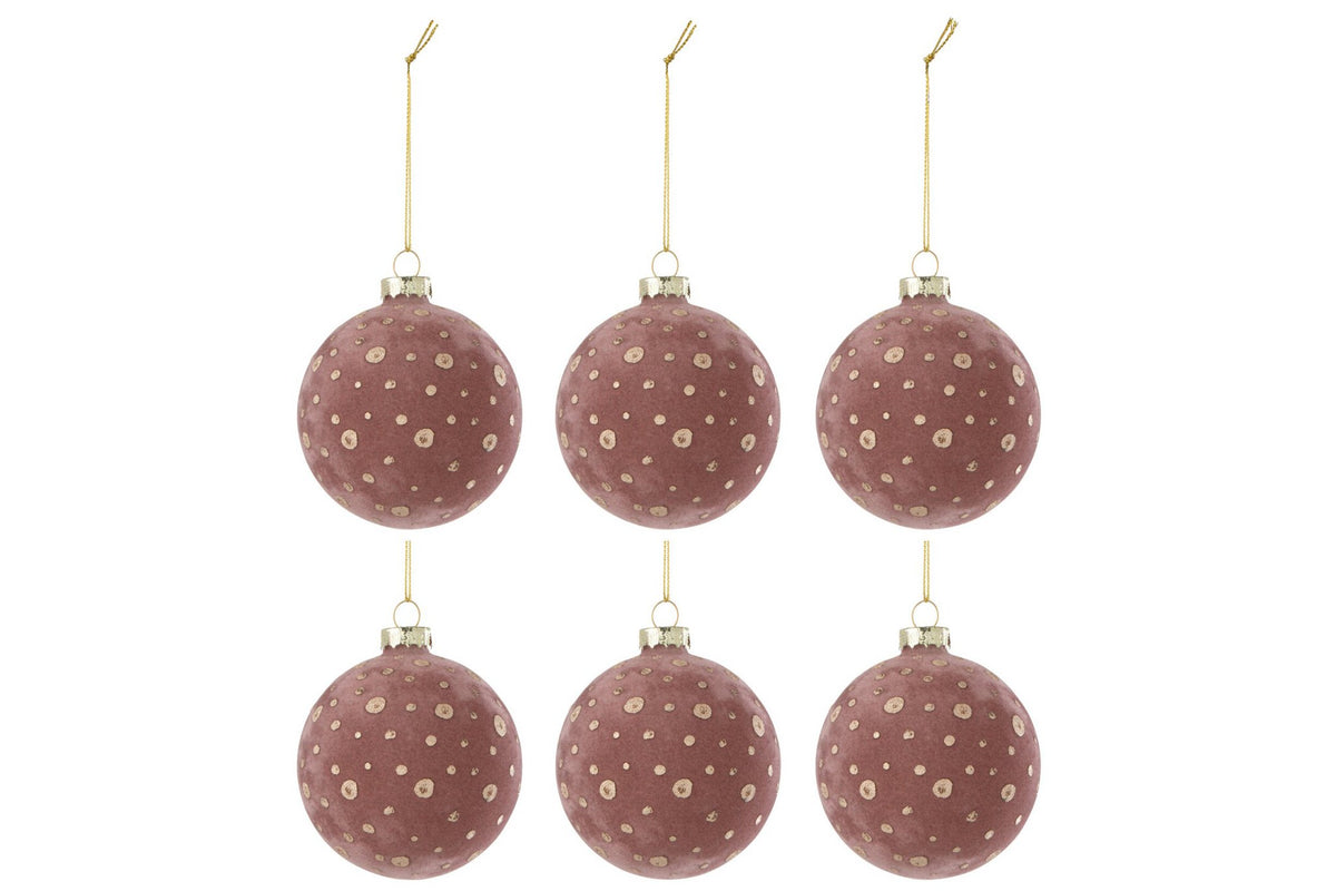 J-Line kerstbal Stippen - fluweel - lichtroze/goud - doos van 6