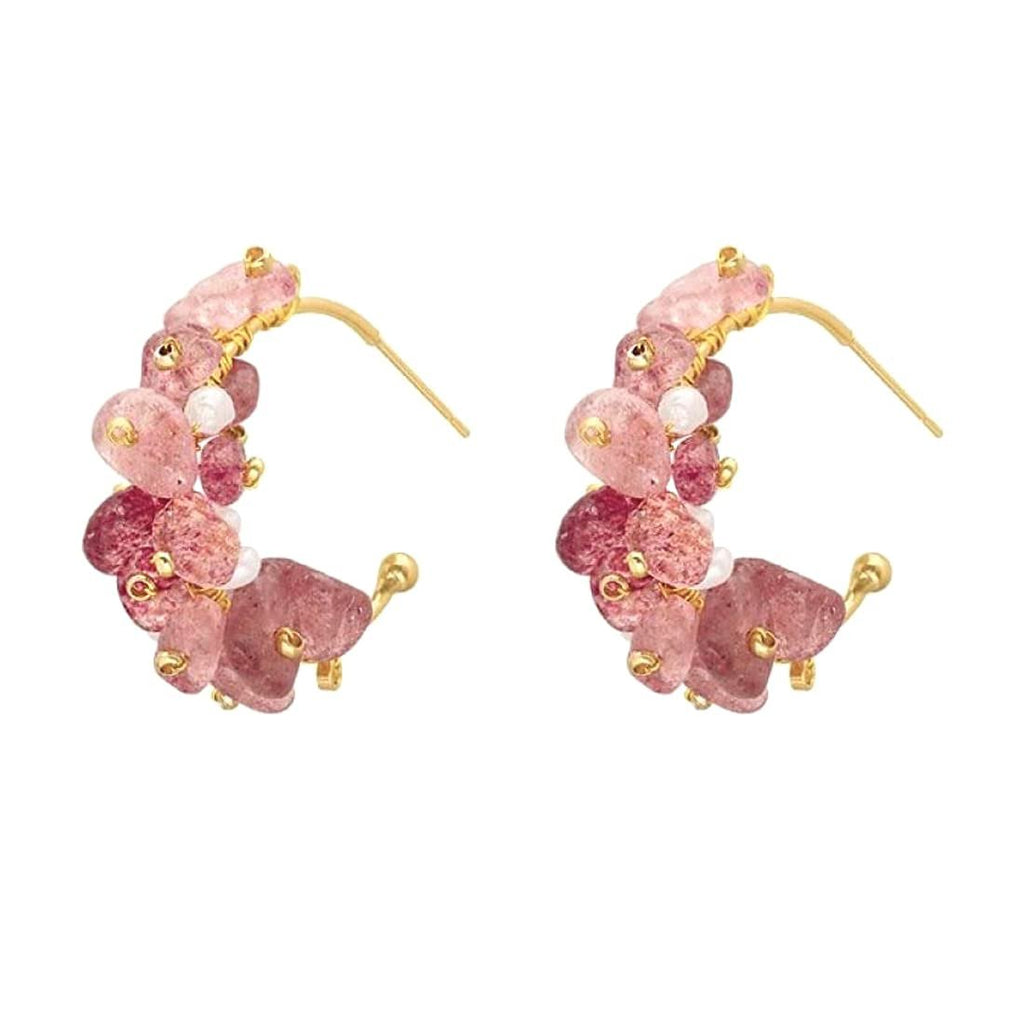 Hoepeloorbellen met stenen studs – clip-on oorbellen – goudkleurige roze en witte stenen – paar