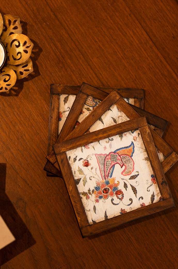 Handgeweven onderzetters - Set van 6, onderzetterhouder, Lotus Vine-patroon