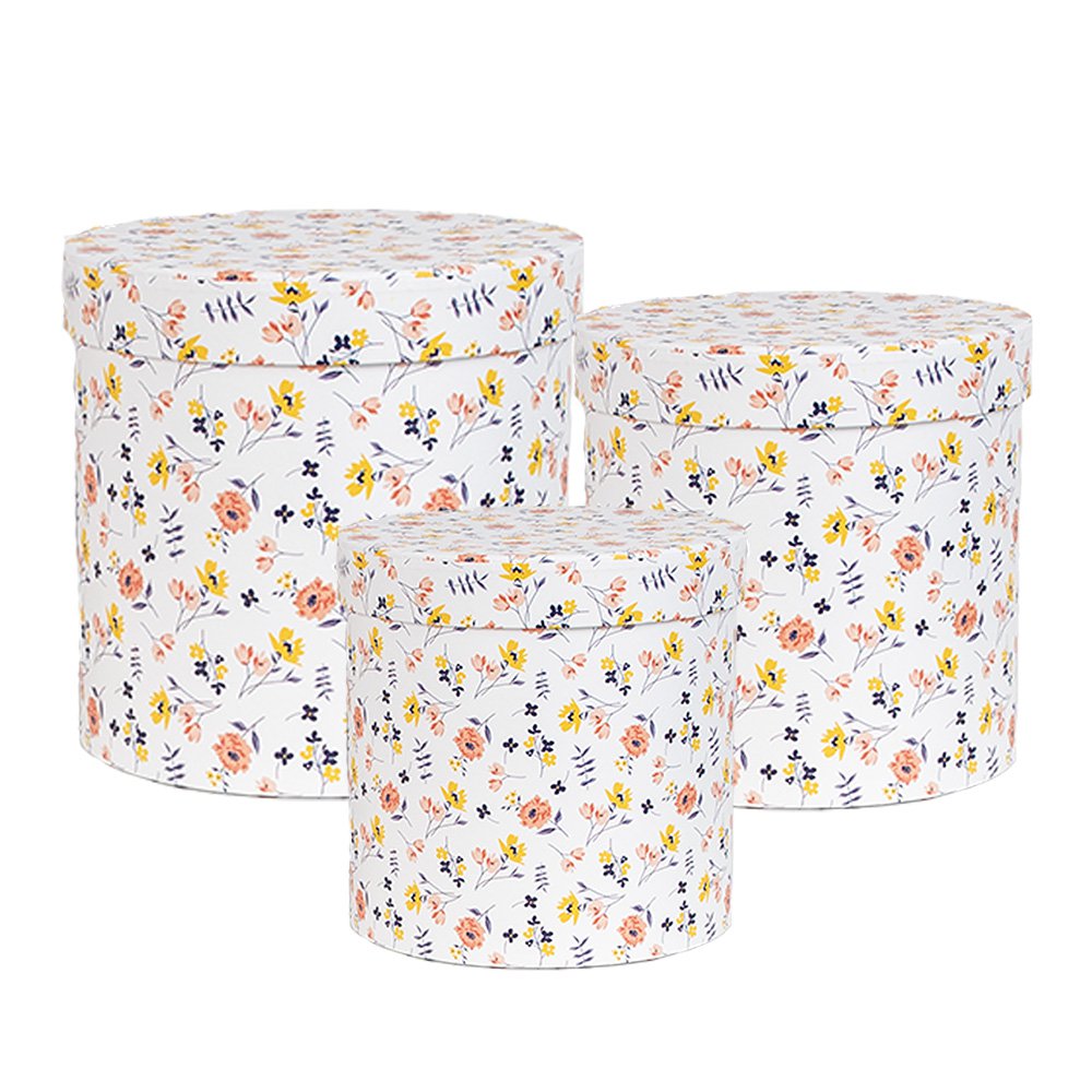 Opbergdoos Set van 3 Ø 19x19 / Ø 17x17 / Ø 15x15 cm Wit Karton Bloemen