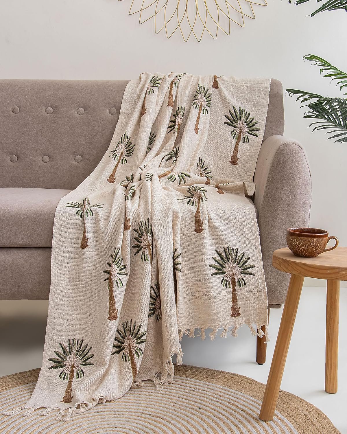 Handblokprint palmboom plaid – bankdeken – duurzaam katoen – 50x70 inch (pak van 1)
