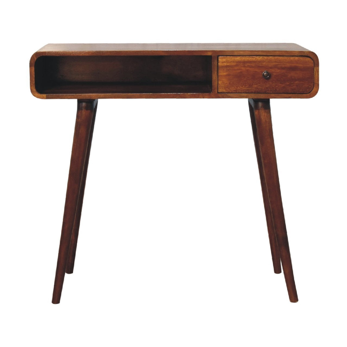Gebogen kastanje bureau van , 1 lade, 1 open plank, bruin