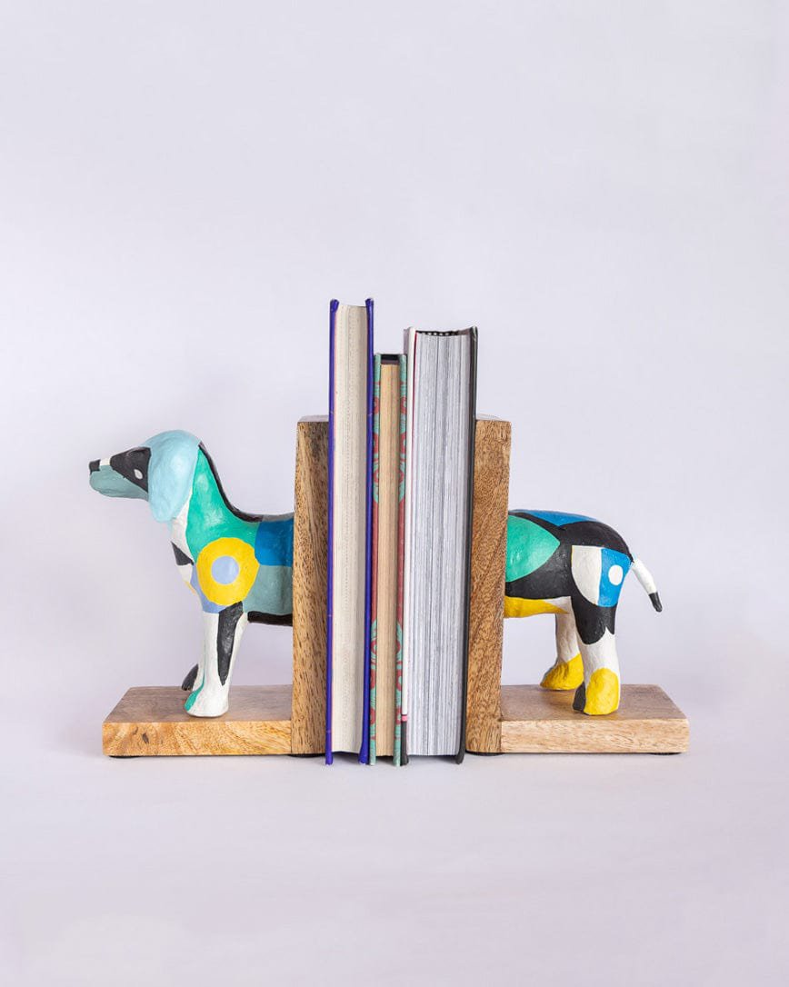 Technicolor Toto houten en papier-maché handbeschilderde boekensteunen