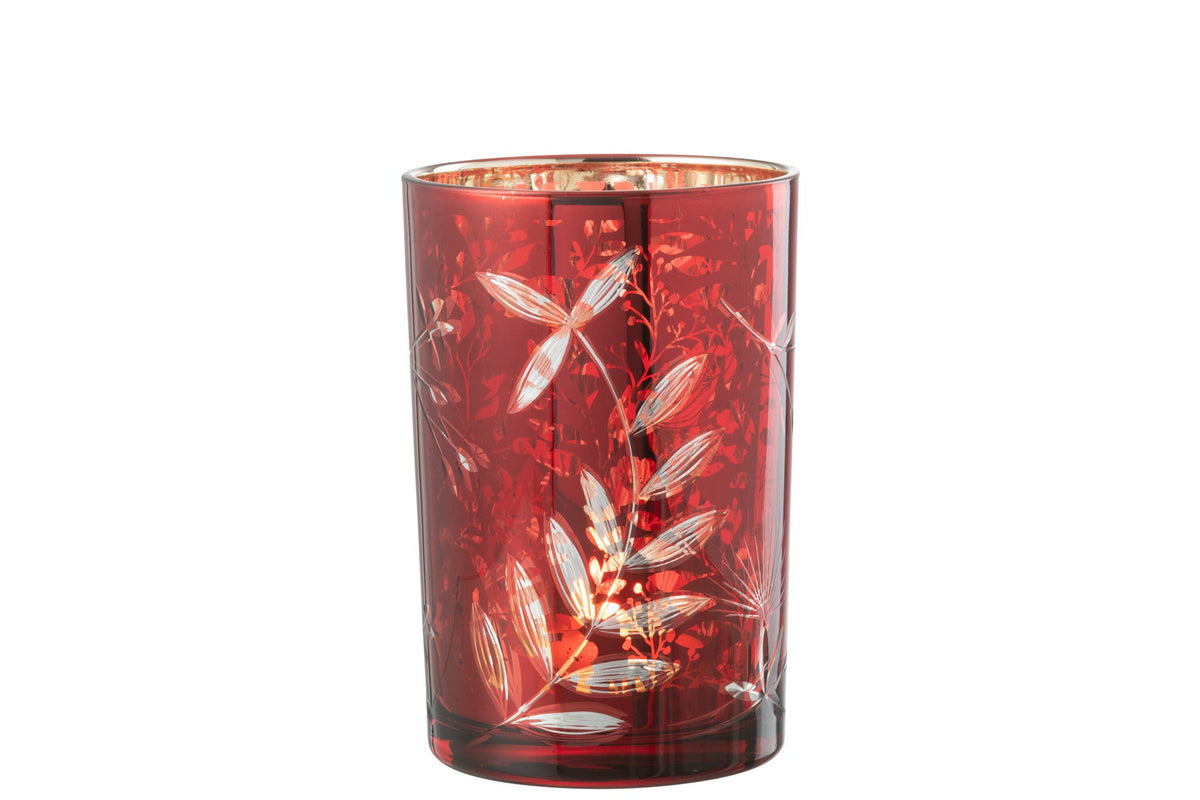 J-Line windlicht Blaadjes - glas - rood/goud - large