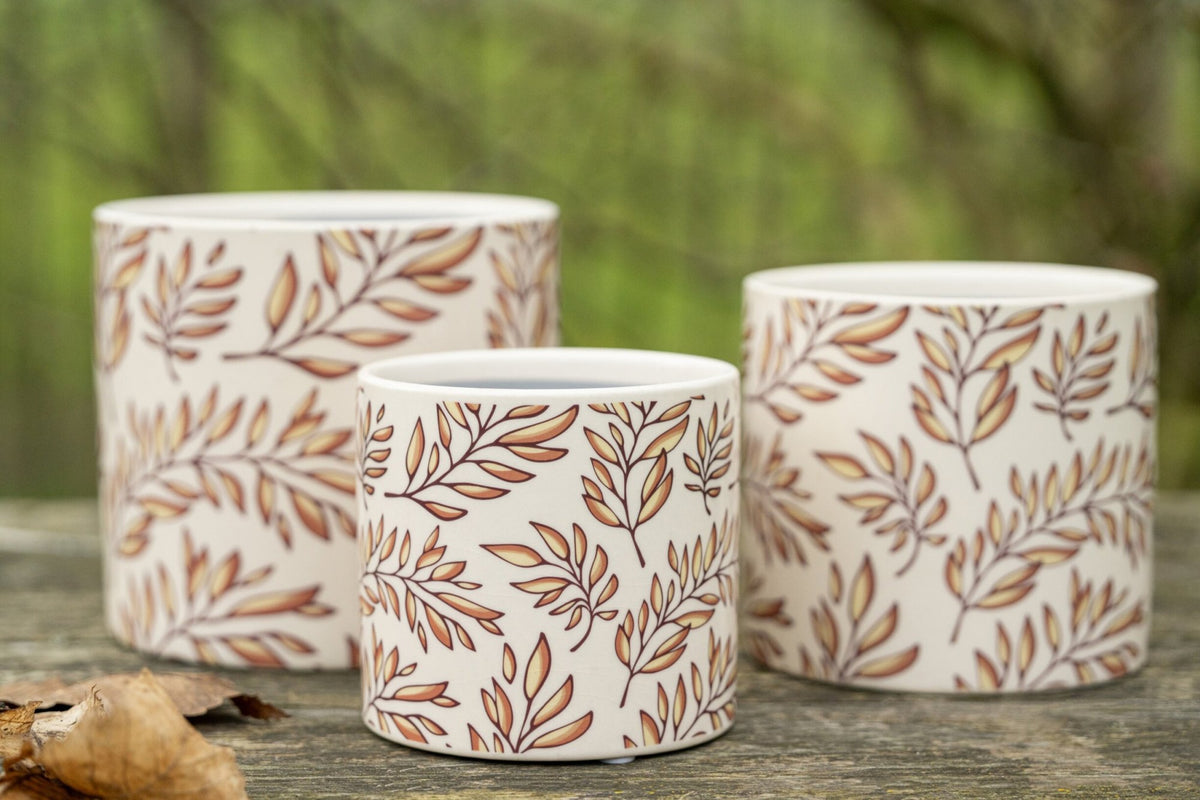 J-Line bloempot Bladeren - keramiek - ecru/bruin - medium