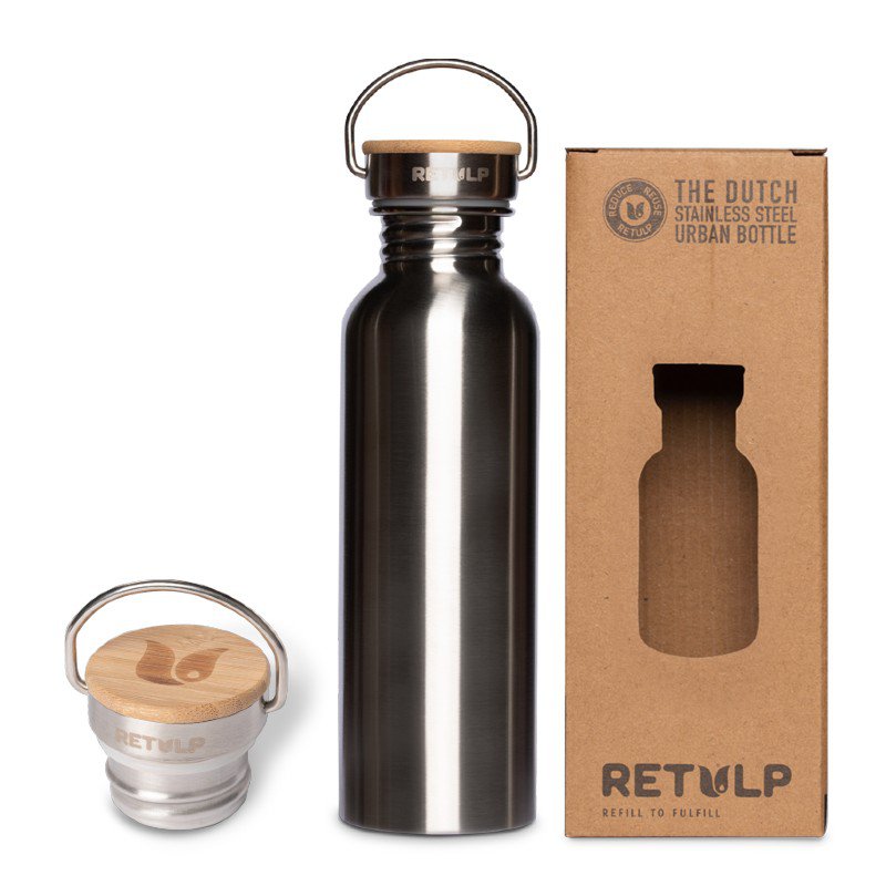 RVS drinkfles lekvrij bamboe dop Steel 750 ml