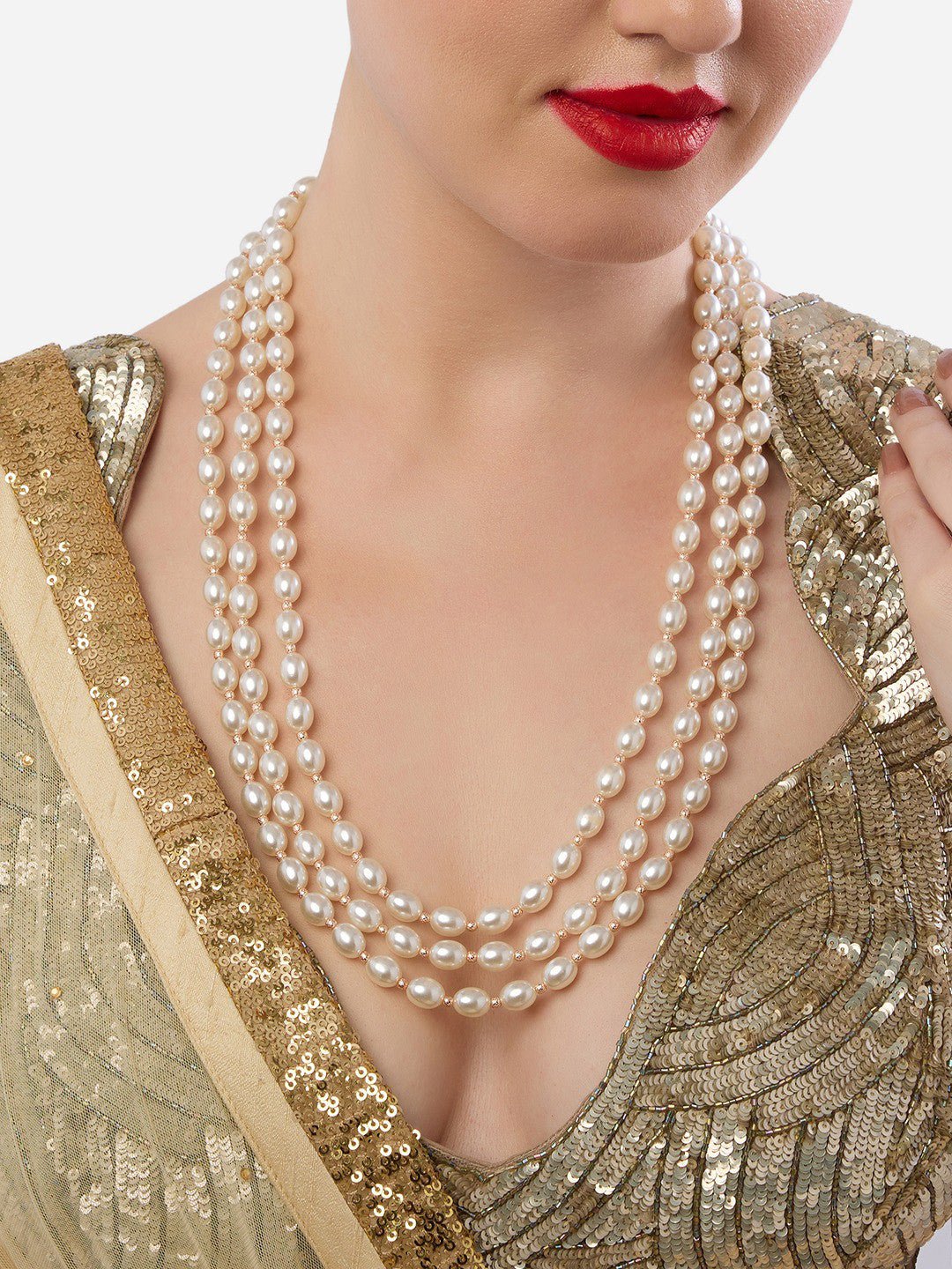 Rosévergulde gelaagde ketting – Verstelbare ketting – Legering met parels – 64 cm lengte
