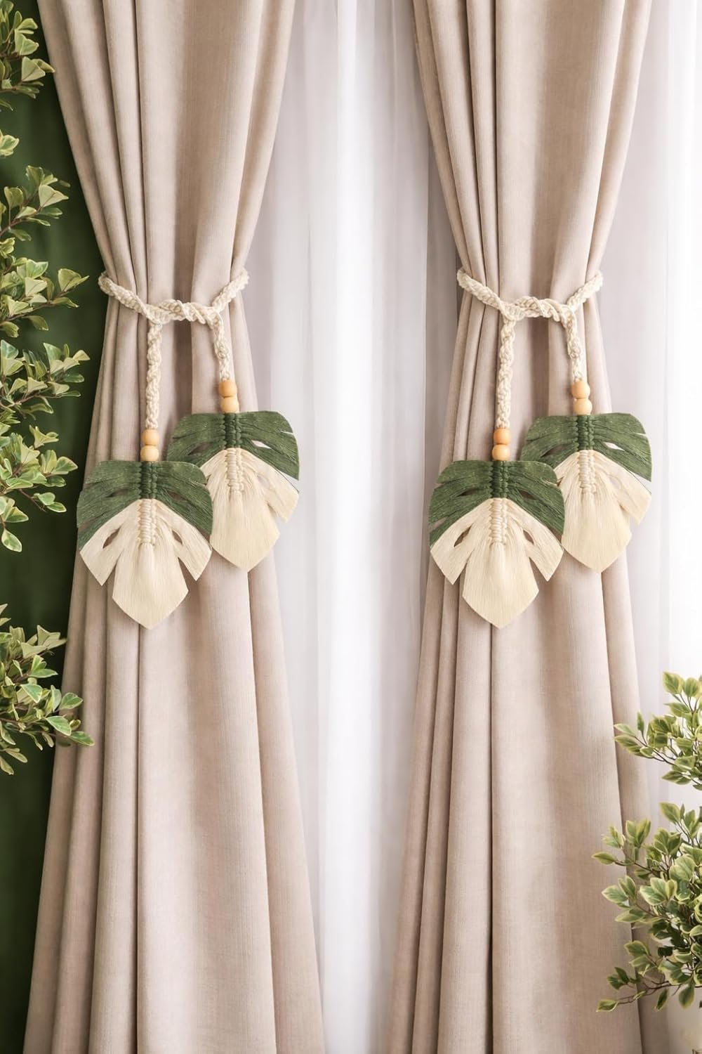 Decoratieve gordijnhouders – Macramé-bindset – bladontwerp van katoenen touw – 2-pack (4x45")