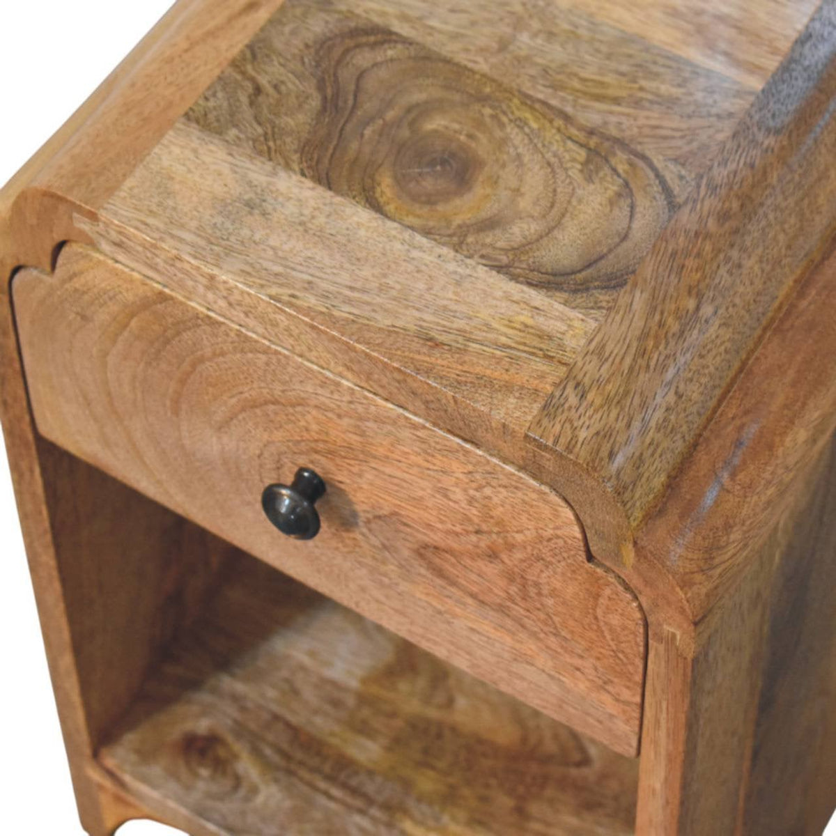 Massief houten Newton mini-nachtkastje in eikenhout, 1 lade en open plank, beige