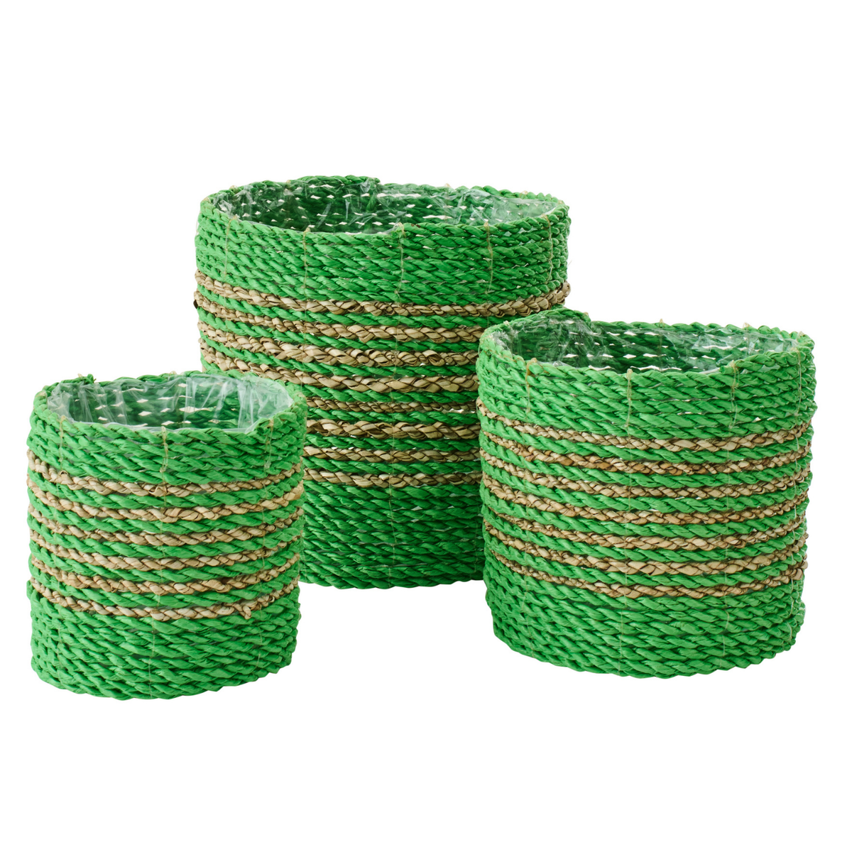 J-Line bloempot Gestreept - zeegras - naturel/groen - set van 3