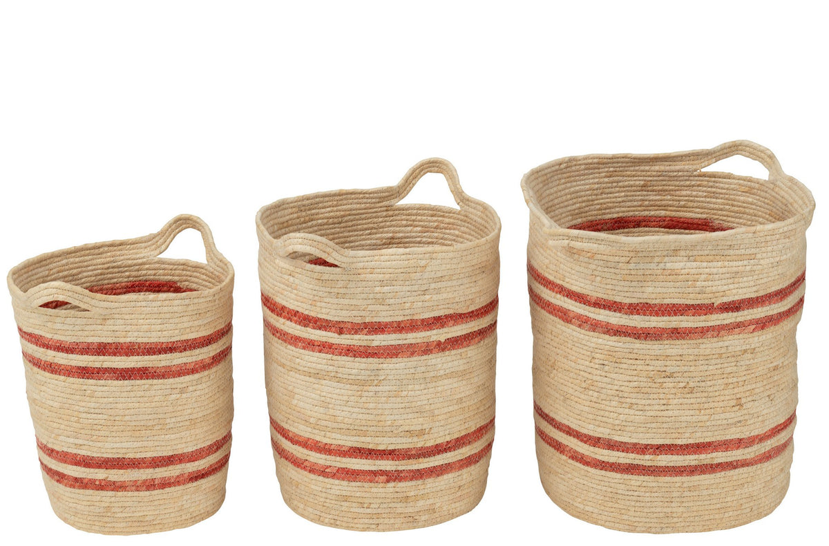 J-Line Set Van 3 Mand Strepen+Handvat Maïs Naturel/Rood