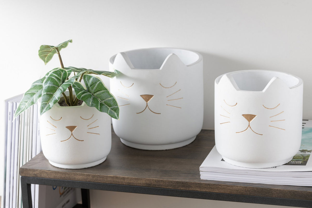 J-Line bloempot Kat - cement - wit/goud - large - Ø 19 cm