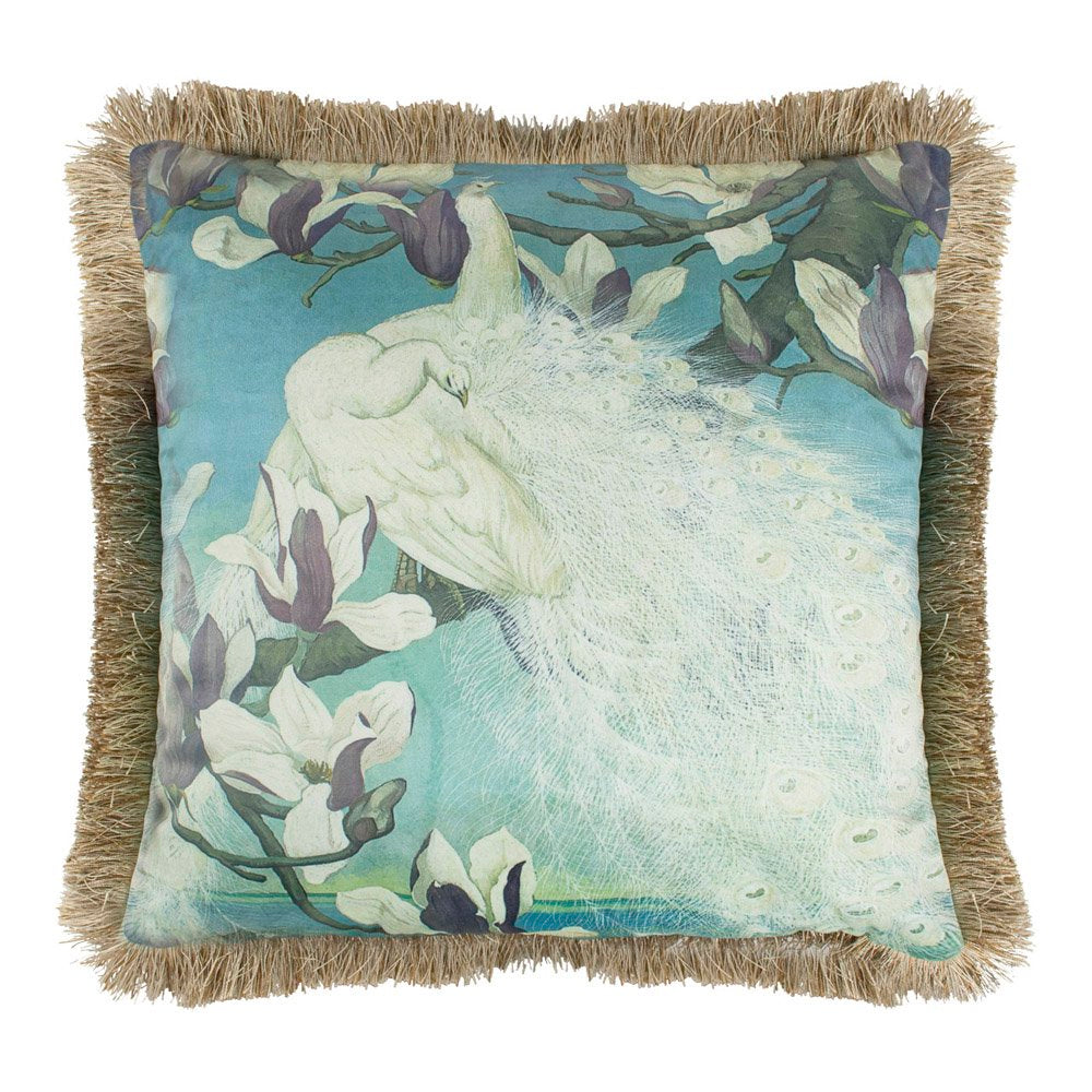 Kussen fluweel witte pauwen gouden franjes 45x45cm*