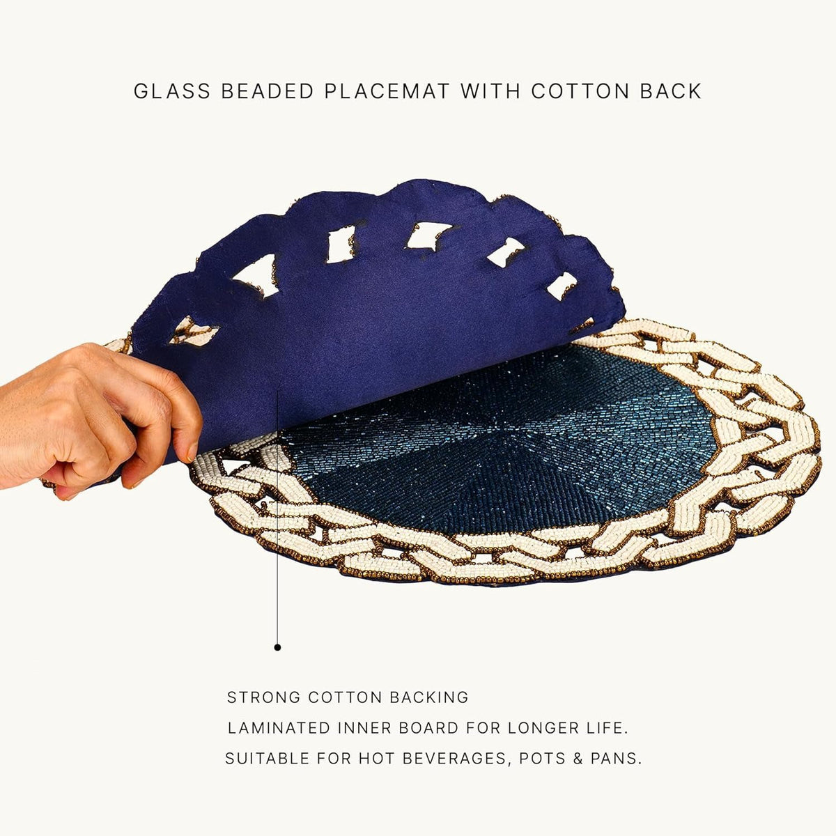 Placemat – geketende glazen kralen, hittebestendig – 30 cm rond