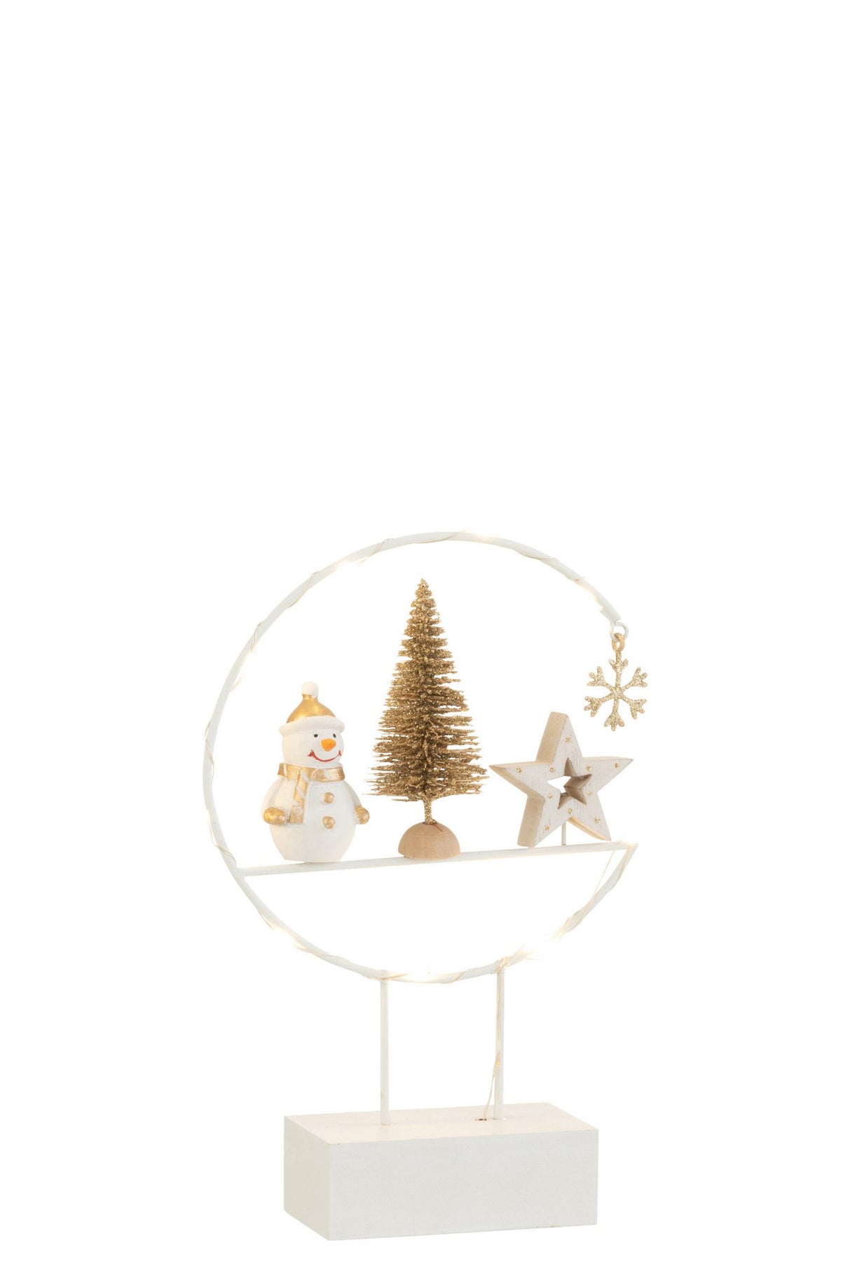 J-Line Semicirkel Op Voet+Led Sneeuwman Hout Wit/Goud