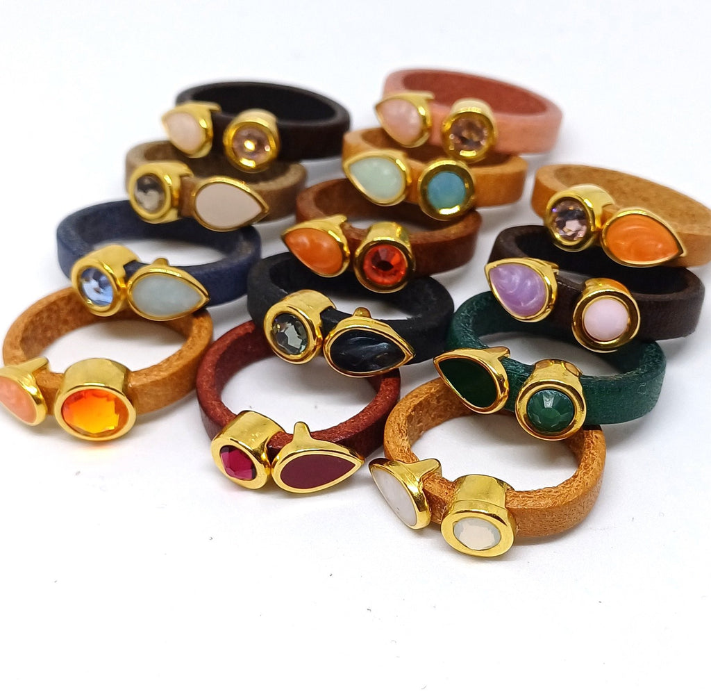 Fancy leren ringen Swarovski & emaille (set van 12 stuks)