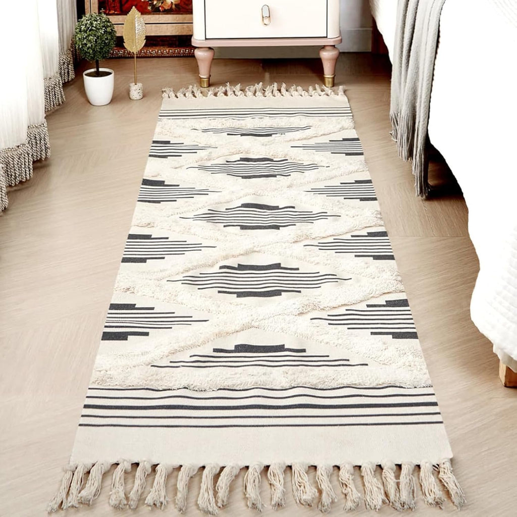 Handgeweven katoenen vloerkleed – zwart zigzagpatroon – 60x152 cm