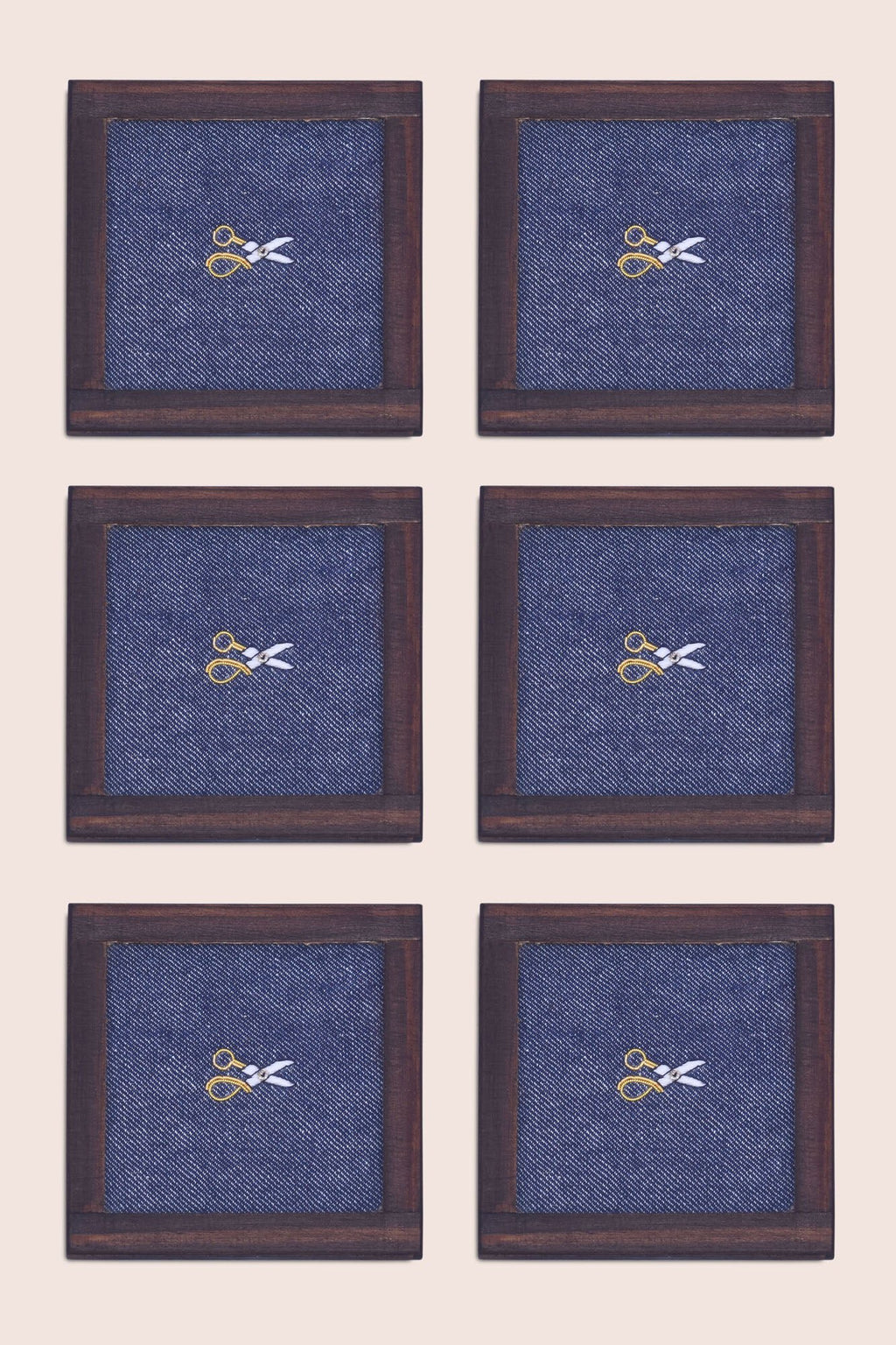 Handgeweven denim cocktailonderzetters - set van 2 met houder, Zardozi