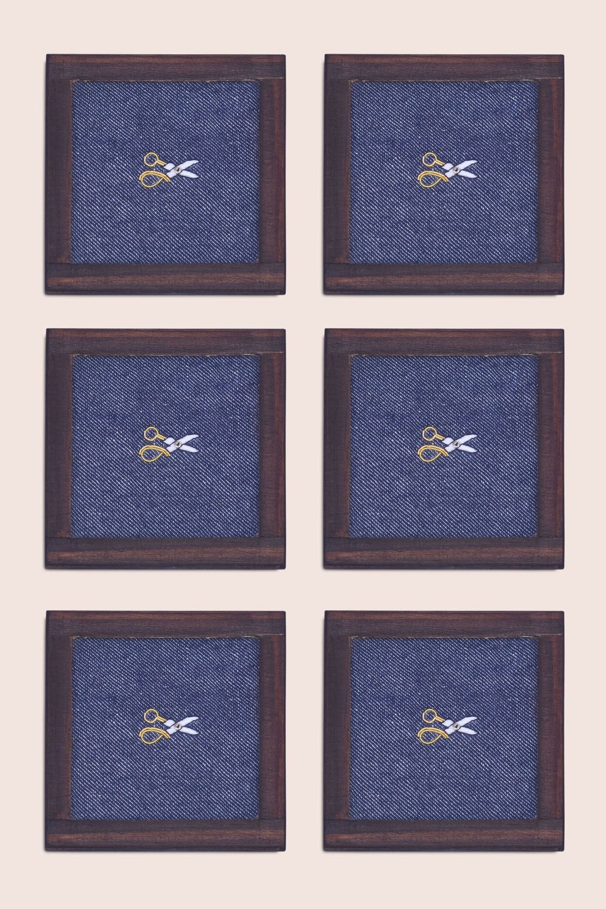 Handgeweven denim cocktailonderzetters - set van 2 met houder, Zardozi
