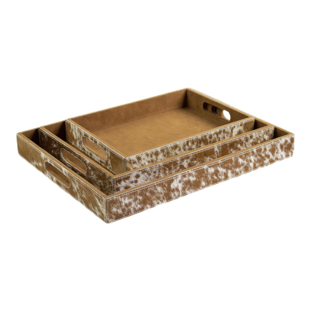 Dienbladen koehuid rechthoek bruin/wit (set of 3)