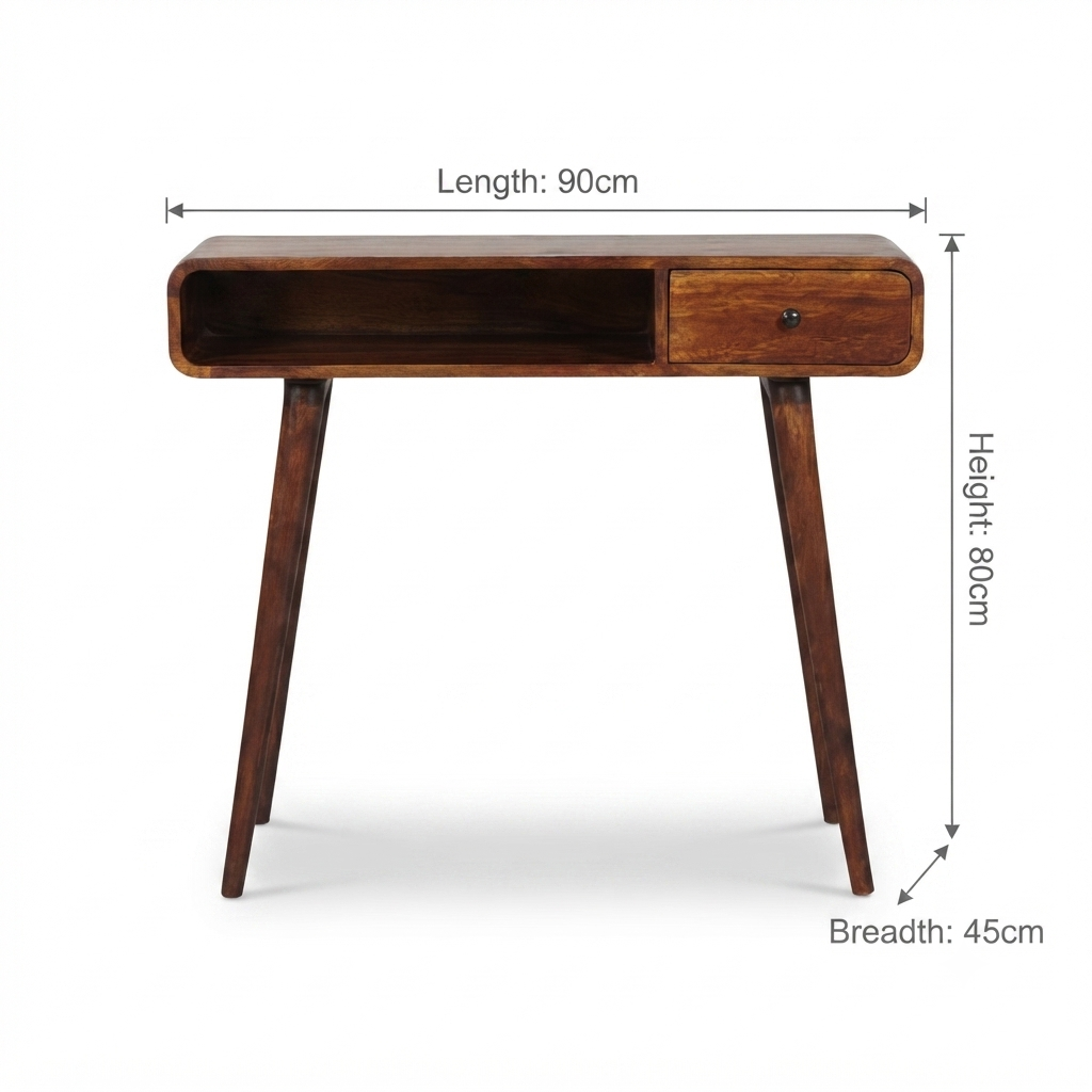 Gebogen kastanje bureau van , 1 lade, 1 open plank, bruin