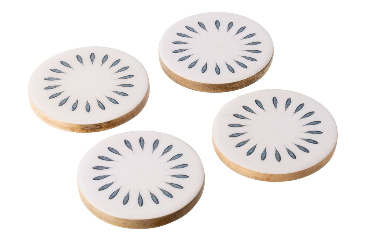 J-Line onderzetter Rond - hout - blauw/wit - set van 4