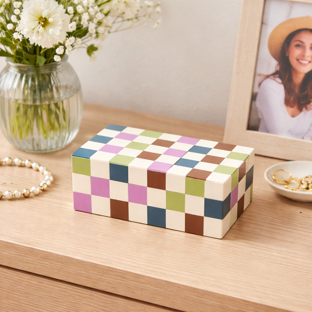 Geruite hars opbergdoos 7x5x3 Inch glanzend MDF-decor