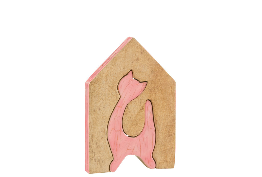 J-Line decoratie Huis Kat - hout - roze/naturel - large