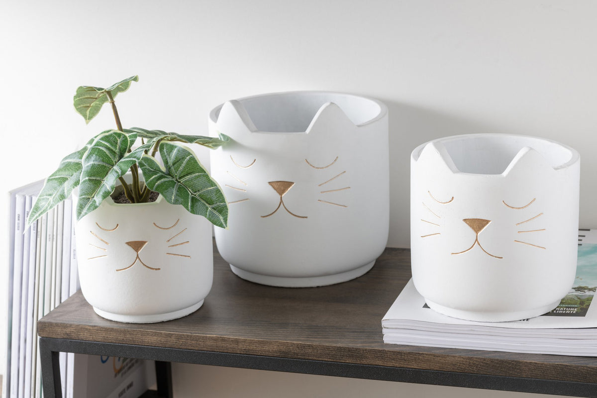 J-Line bloempot Kat - cement - wit/goud - small - Ø 14 cm