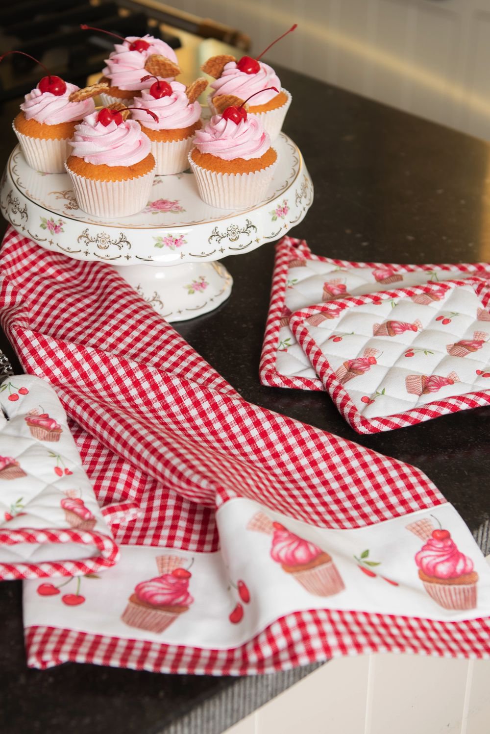 Theedoek 50x70 cm Rood Wit Katoen Cupcakes Keukenhanddoek