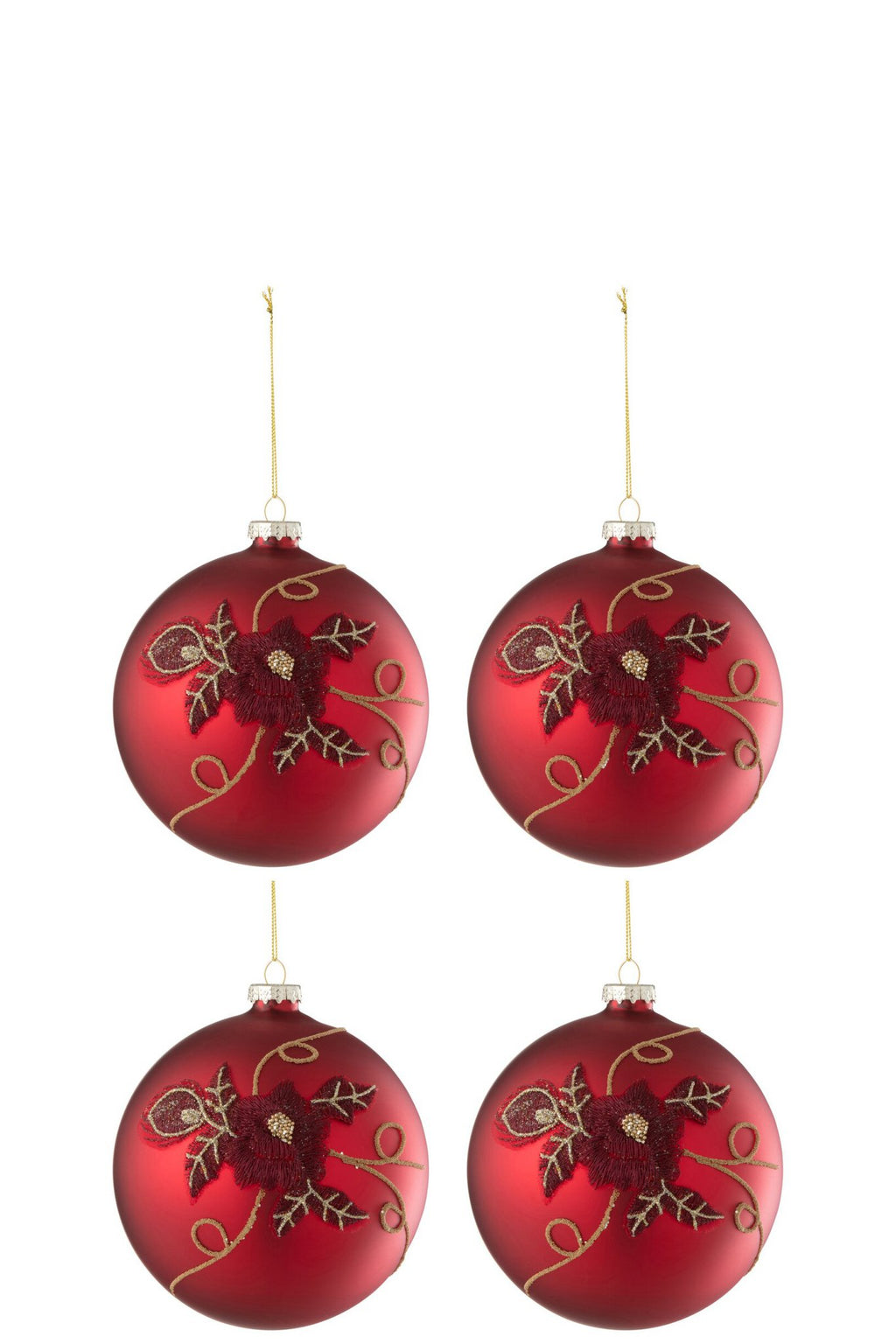 J-Line Doos Van4 Kerstbal Bloem Glas Rood Small