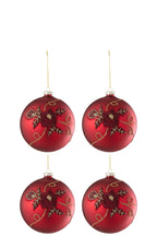J-Line Doos Van4 Kerstbal Bloem Glas Rood Small