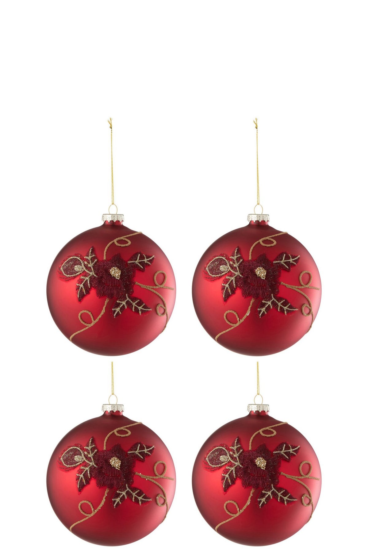 J-Line Doos Van4 Kerstbal Bloem Glas Rood Small